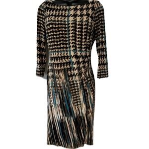 Anne Klein Brown Houndstooth Abstract 3/4 Sleeve Stretch Sheath Dress Size 2P